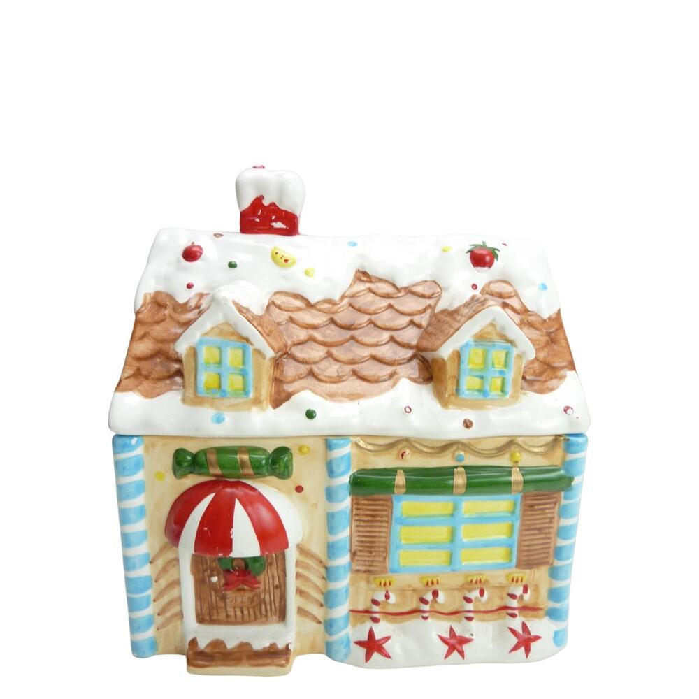 Vintage Gingerbread House Christmas Cookie Jar Ceramic Box with Lid